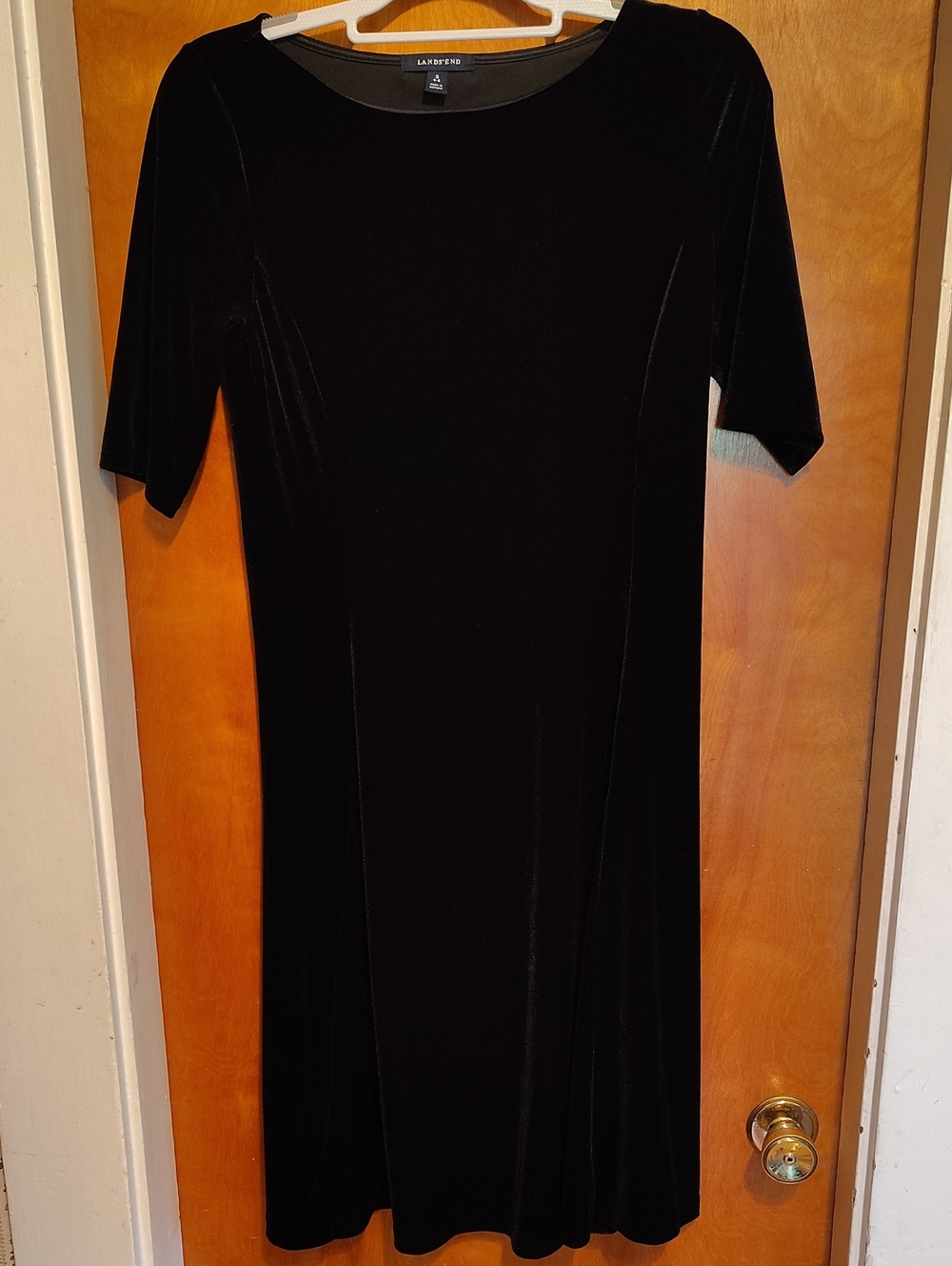 Lands' End Black Velvet Midi Dress with Short Sleeves